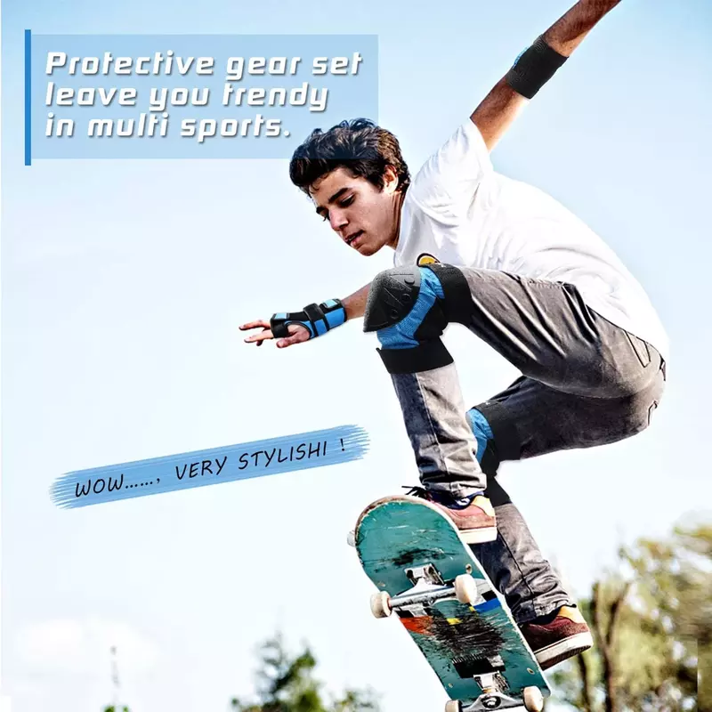 Conjunto de engrenagens protetoras do joelho para esportes, protetores de cotovelo e pulso, protetores para skate, patinação e ciclismo, crianças e jovens, adultos, 6 em 1