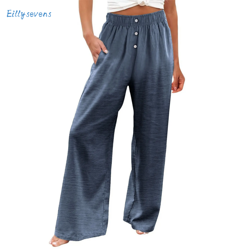 Women Fashion Loose Trousers Casual Button Decor Elastic High Waist Wide Leg Mopping Pants Daily Comfy Solid Color Drape Pants