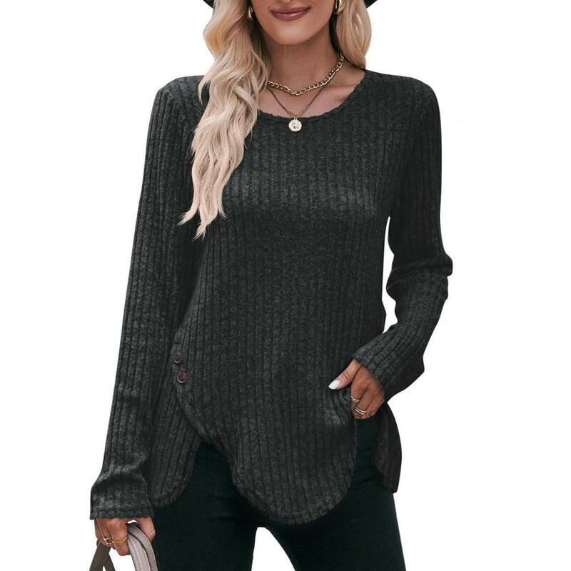 Casual Blouse for Women Elegant Fall Top Round Neck Long Sleeve Striped Texture Button Decor Long Sleeve Solid Color Lady Blouse