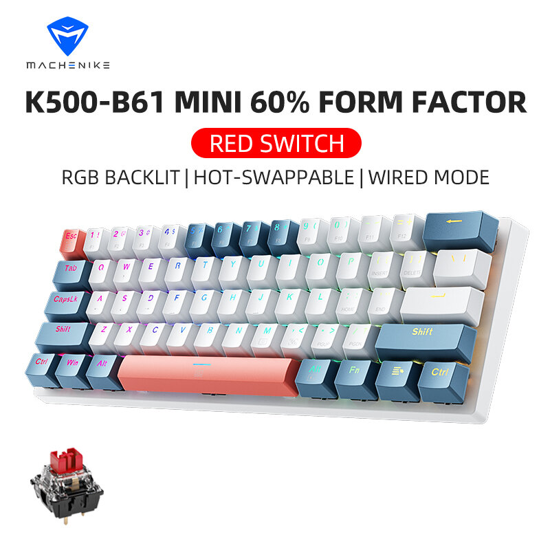 Machenike K500-B61 Mini mechaniczny Keybaord 60% o współczynniku 61 klawiszy klawisz do gier podłączony pełny klawisz z podświetleniem RGB z możliwością wymiany