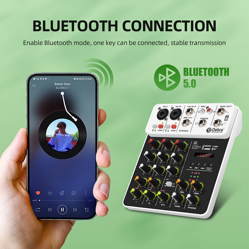 Interface de áudio Console de mistura, Bluetooth USB, 48V Phantom Power, Delay Repaeat Effect, 4 canais, Gravar PC, V4