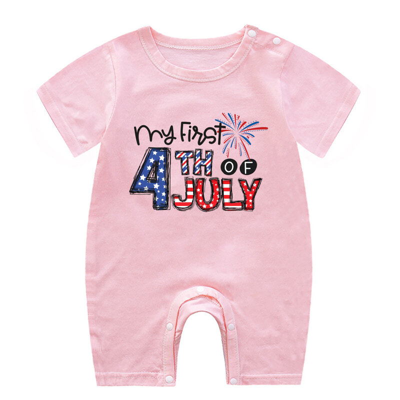 Baju monyet bayi Motif 4 Juli saya, Jumpsuit lengan pendek leher bulat hadiah bayi Hari Kemerdekaan