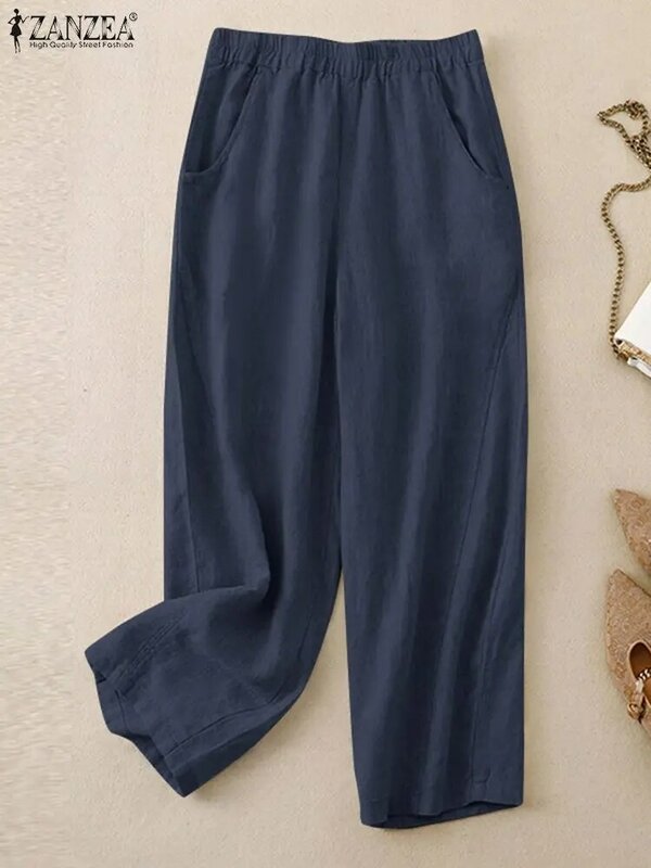ZANZEA celana panjang kasual wanita, celana panjang kasual ukuran besar bahan Linen katun, celana lurus elastis pinggang Solid 2024