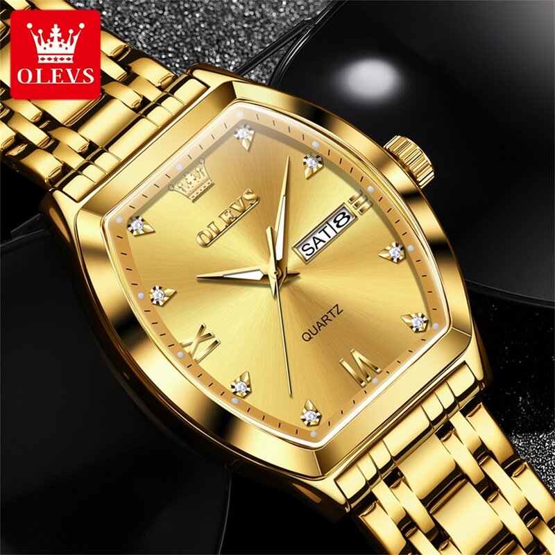 OLEVS Top Luxury Brand Men's Watches Tonneau Dial Gold Quartz Watch Waterproof Dual Calendar Luminous Original Male Wristwatch