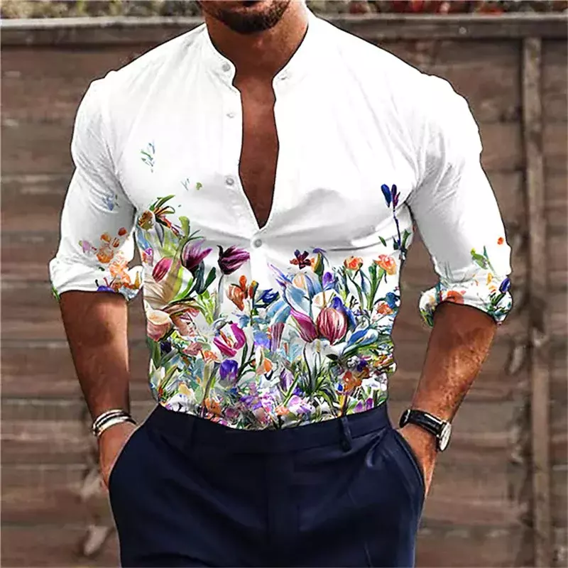 Модная мужская хлопковая рубашка с цветочным принтом и эластичным отворотом, Повседневная Праздничная уличная рубашка, синяя, фиолетовая, на пуговицах, новая коллекция 2023