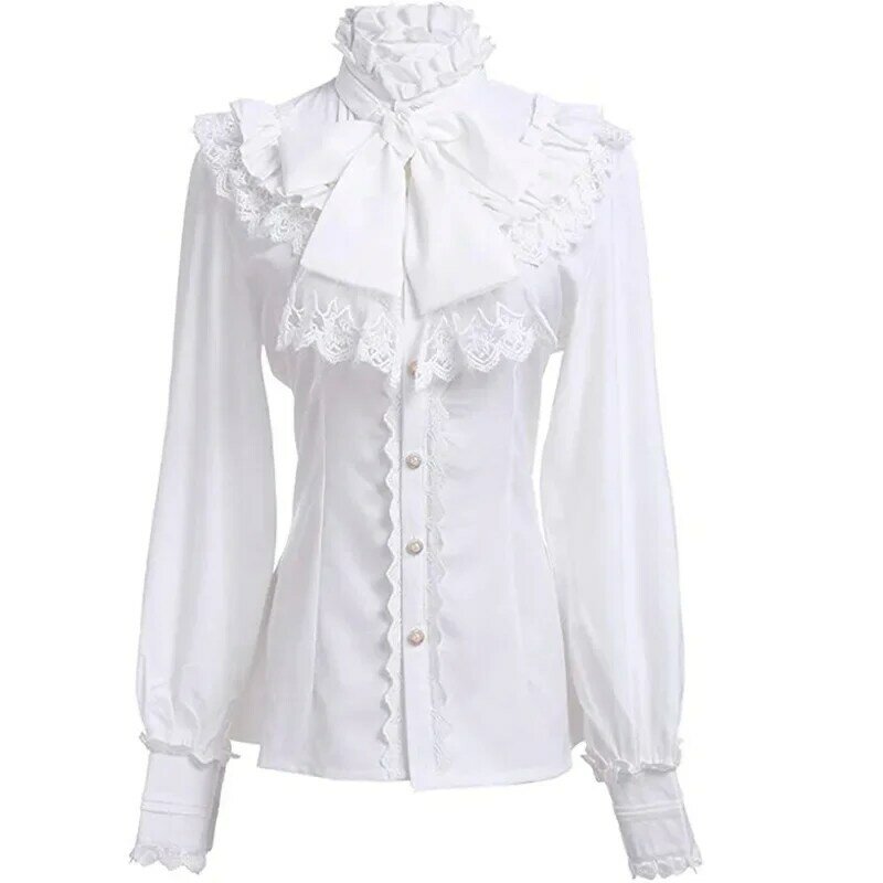Blusa gótica Victoriana con volantes para mujer, camisa Vintage de oficina para mujer, cuello alto, puños con volantes, Lolita, fiesta