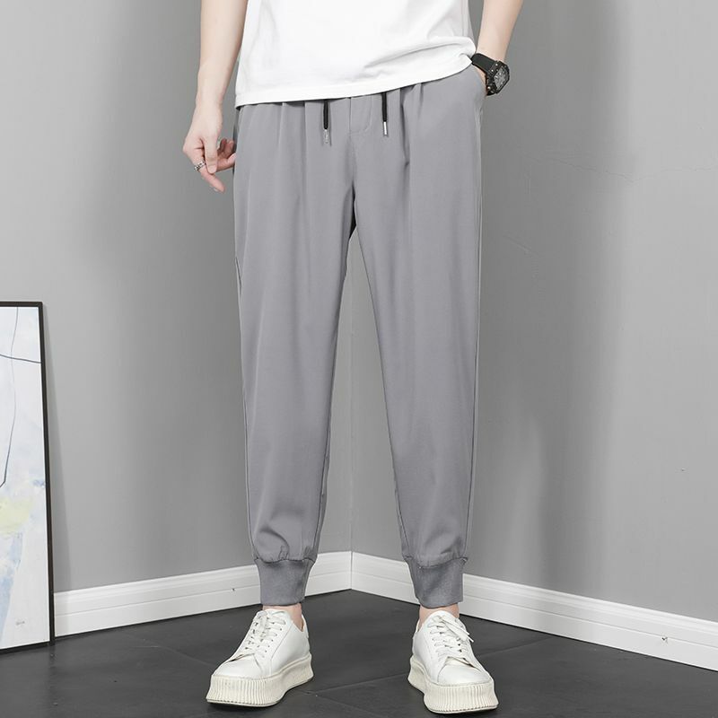 2024 New Casual Summer Men's Solid Elastic Waist Drawstring Thin Style Ice Silk Fabric Sweatpants Loose Ankle Length Pants