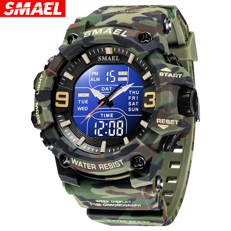 SMAEL 8049MC 남성용 전자 시계, 위장 야외 스포츠, 야광 방수 군사 등산 시계