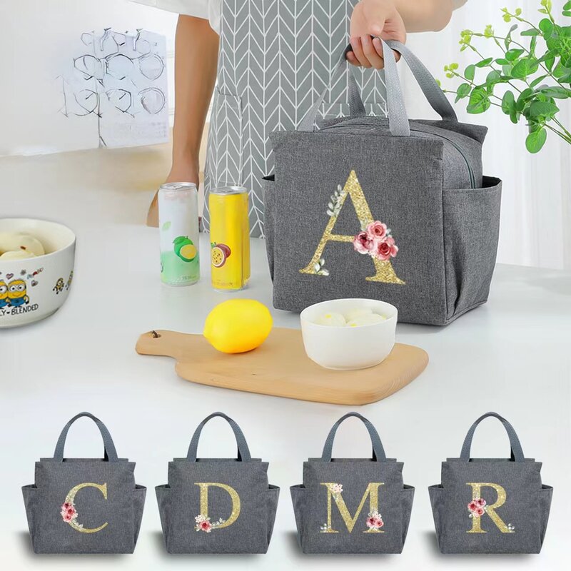A~N Letter Printed Nylon Lunch Bag With Zipper Waterproof Insulation Bag Ice Bag Suitable For Men & Women's Work Picnic Travel