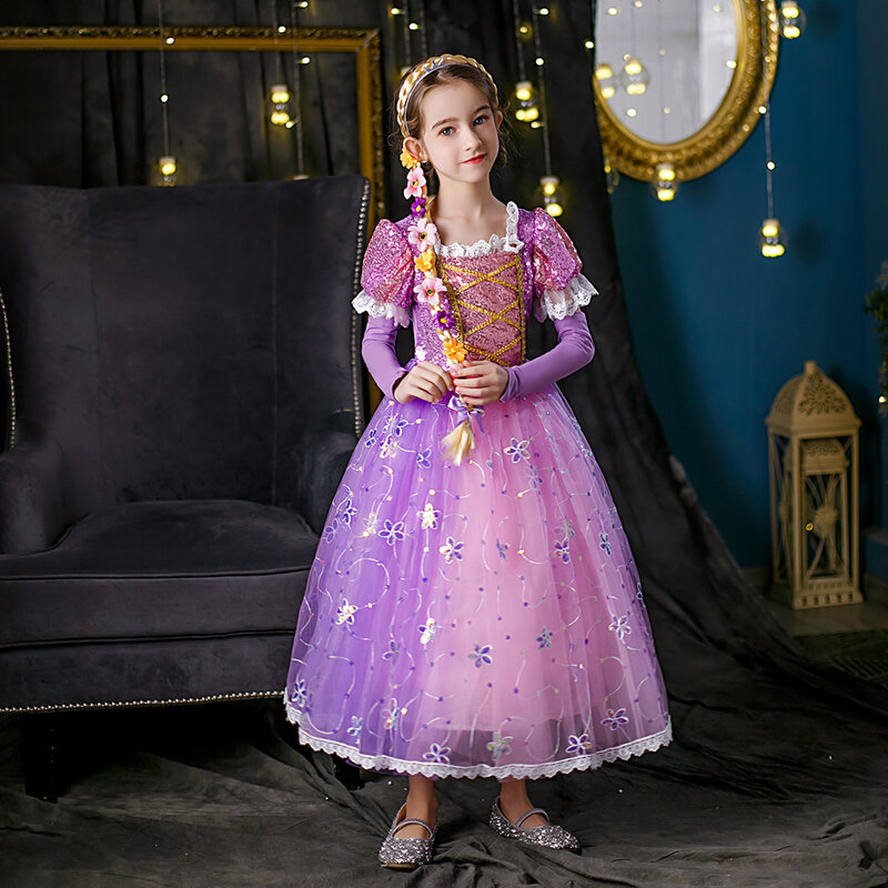 女の子のためのプリンセスドレス,ハロウィーンのコスプレコスチューム,紫色のスパンコール,メッシュの服,誕生日パーティーのギフト,女の子