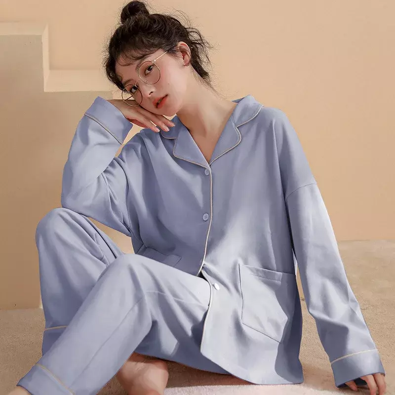 Conjunto de pijama de algodão coruja para mulheres, 2 peças, cor sólida, manga comprida, single-breasted, para primavera e outono
