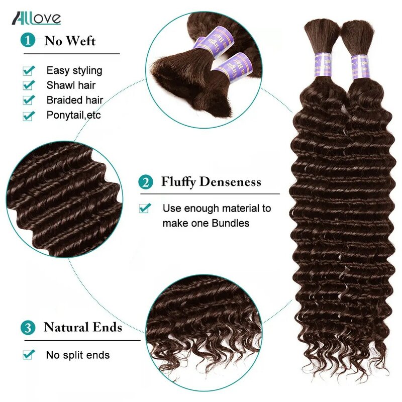 Allove-Extensions de Cheveux Humains Brésiliens Remy, Deep Wave, Brun #4, 100% Non Traités, Sans Trame, pour Tressage
