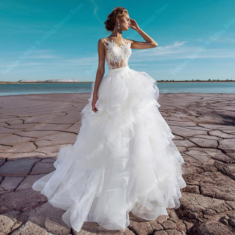 Luxus Schatz Brautkleider Tüll Applikationen Brautkleider moderne flauschige mehr schicht ige transparente Rock Saum Vestido de Novia