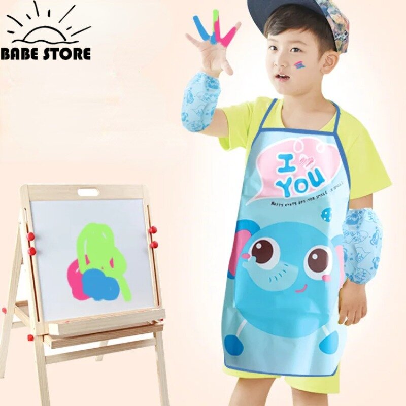 Cute Cartoon Children Apron Sleeves Chef Hat Pocket Set Kids Craft Art Kitchen Cooking Chef Suit Drink Food Baking Toys for 3-8Y