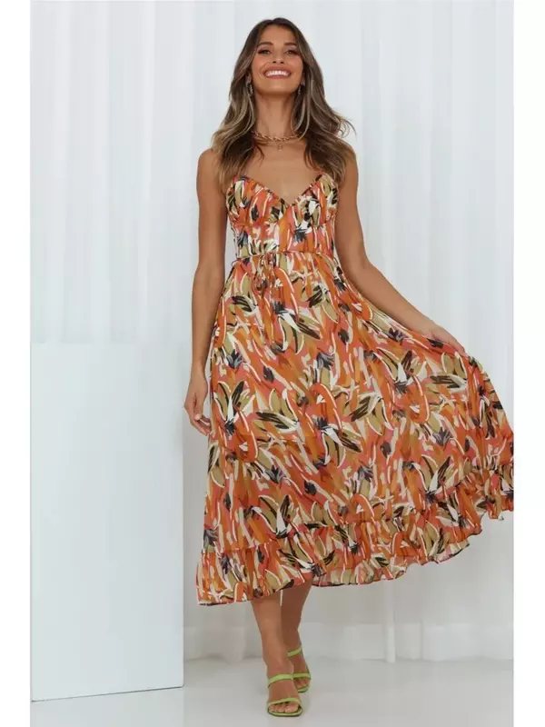 2024 Sommer bedrucktes Kleid für Frauen sexy Spaghetti träger Boho Strand Urlaub Sommerkleid V-Ausschnitt rücken freie Kleider Femme Vestidos