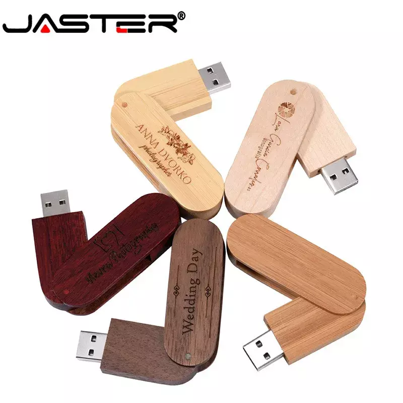 JASTER-Unidad Flash USB 2,0 giratoria de madera, Pen Drive con logotipo personalizado gratuito, 64GB, 32GB, regalo de fotografía