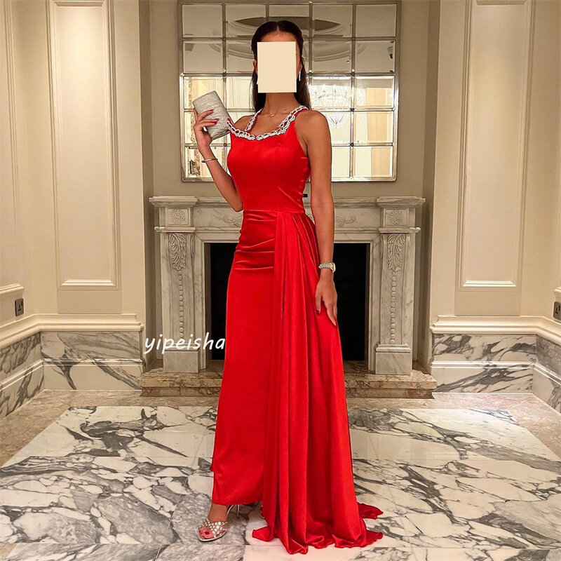 Satin Sequined Beading Ruched Valentine's Day A-line Square Neck Bespoke Occasion Gown Long Dresses