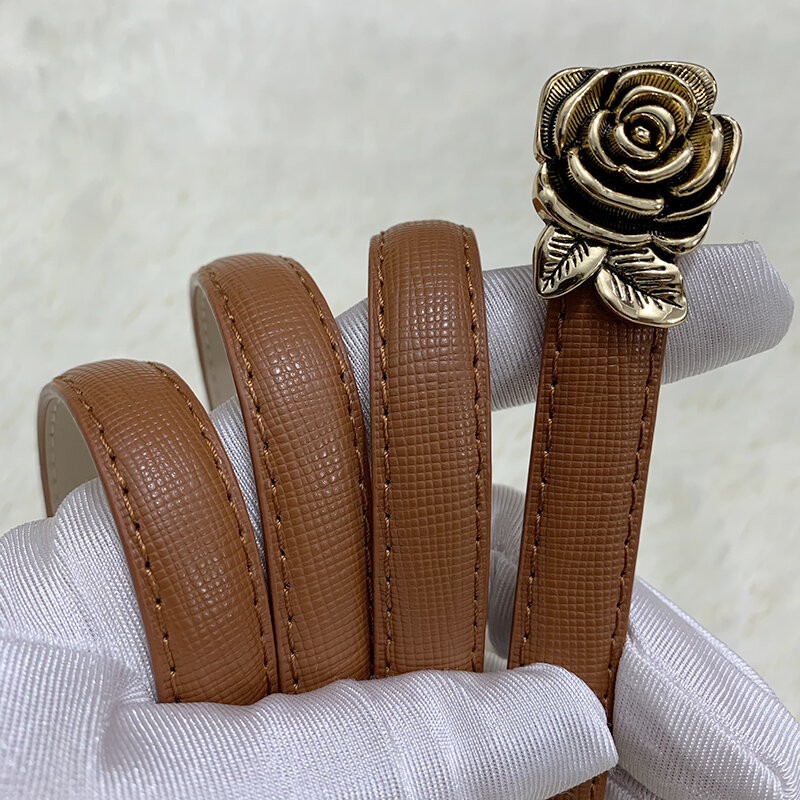 Genuine Leather Women's Leather Belt Versatile Decorative Dress Rose Shape Pull Button With Shirt And Suit Small Belt For Women