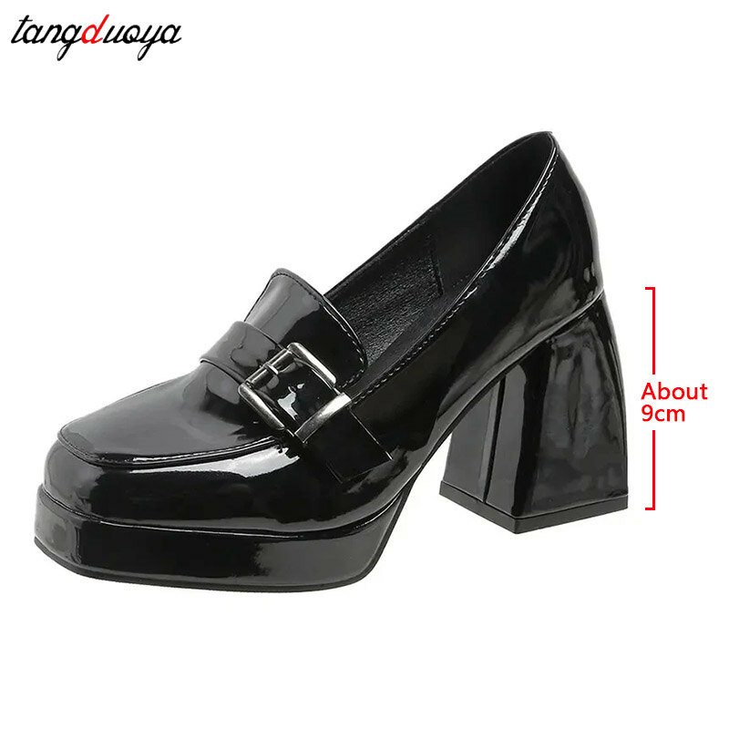Pu Leather Loafers Women Chunky Heels Lolita High Heels 2024 Gothic Black Office Shoes Woman Preppy Style Jk Uniform Shoes