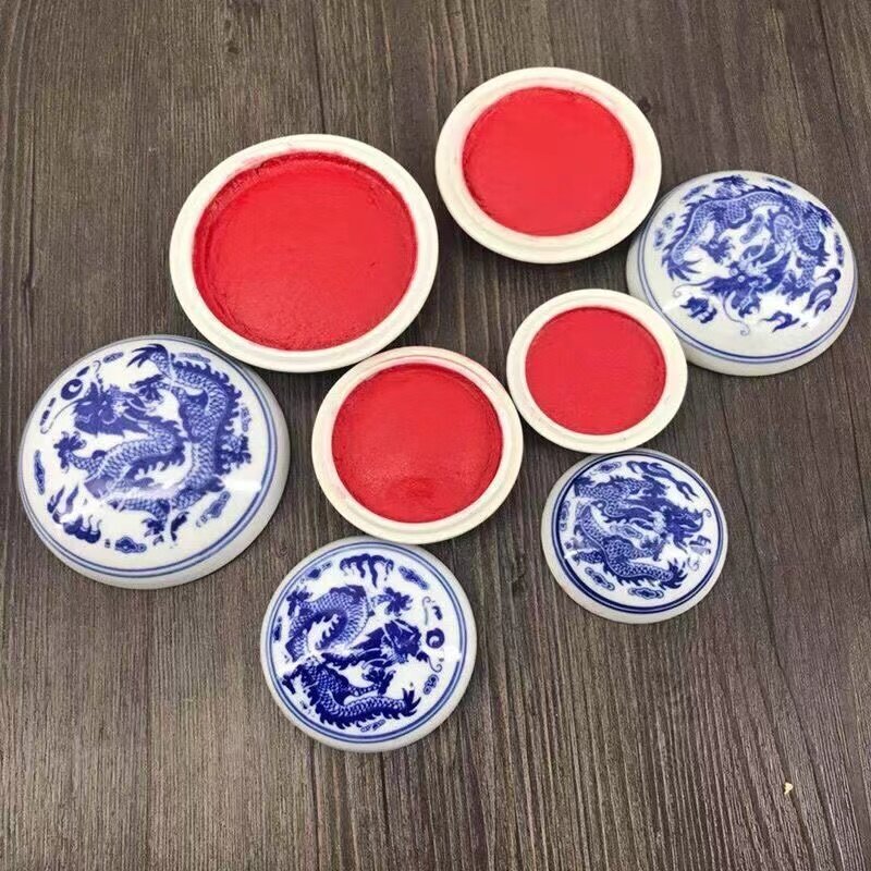 Encreur de calligraphie en céramique bleu et blanc, 6Cm, boîte à encre pour peinture chinoise, encreur de couleur cinabre rouge, huile de ricin