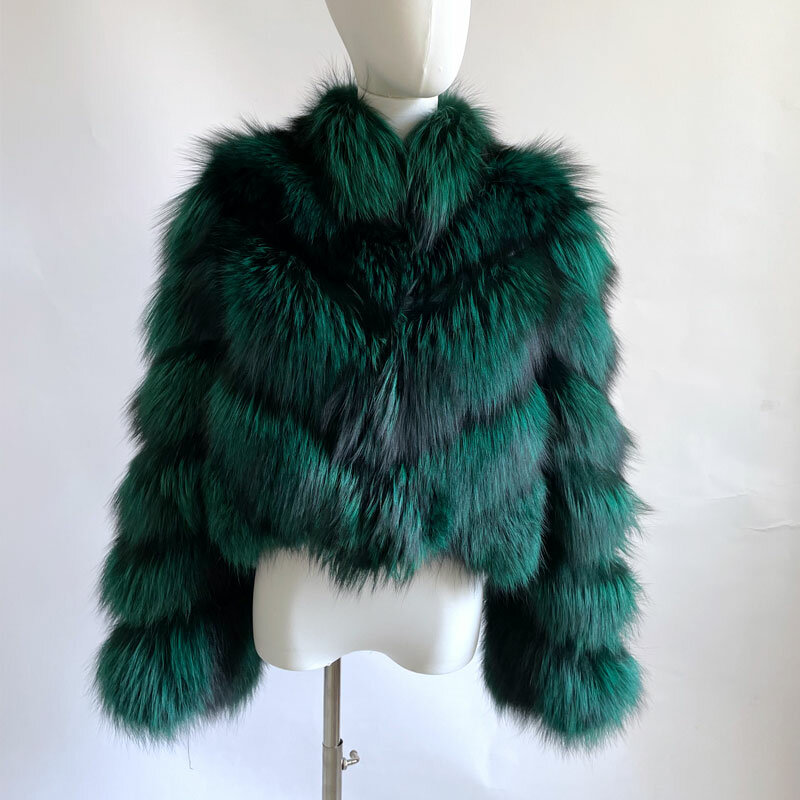 Abrigo de piel para mujer, chaqueta de piel de zorro de plata auténtica, cuello alto corto, corte en V, gruesa, cálida y suave, novedad de 2022