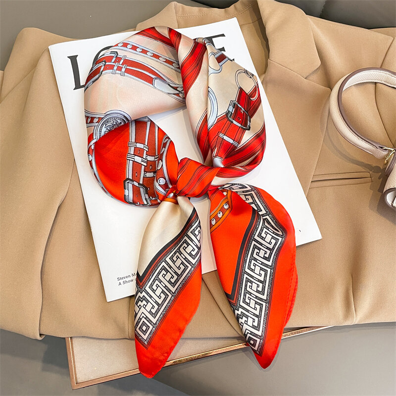 Bufanda cuadrada de seda para mujer, chales de satén, pañuelo informal, Bandana para el pelo, 70x70cm, nueva marca de lujo a la moda, 2023