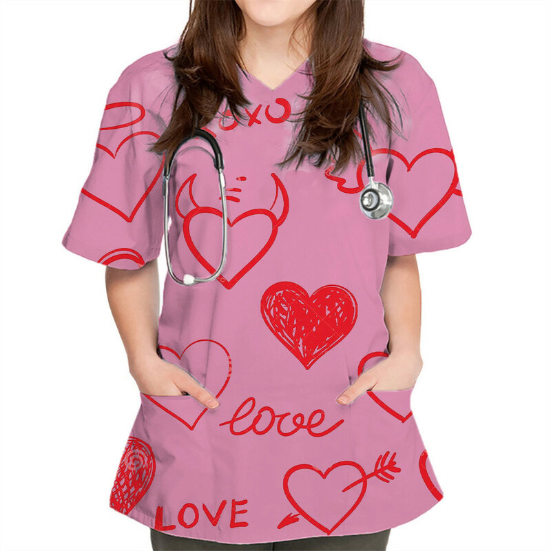 Женская униформа для ухода за домашними животными с принтом сердца, топы с коротким рукавом и V-образным вырезом, Рабочая Униформа, блузка с карманами и принтом, топы, униформа медсестры, новинка