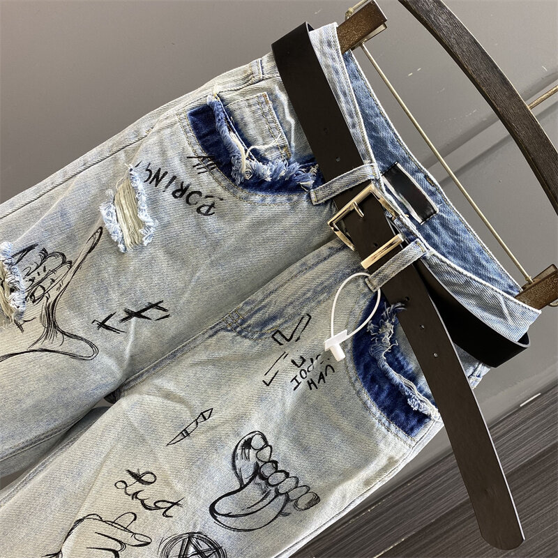 Light Blue Hand Painted Graffiti Special High Waist Harem Jeans Women Summer Fashion Holes Loose Wide Leg Daddy Pants Trousers