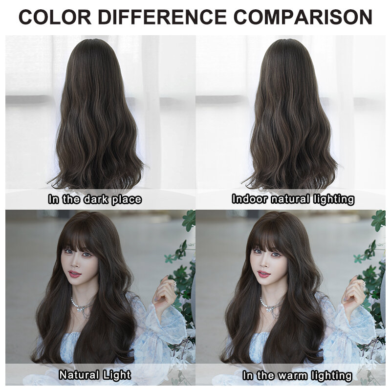 7JHH WIGS Routine Wig Synthetic Body Wavy Wigs with Fluffy Bangs High Density Layered Cool Brown Wig for Women Beginner Friendly