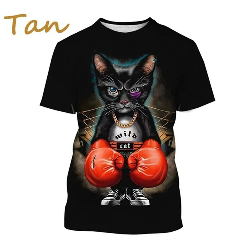 تي شيرت مطبوع عليه قطة تايلاندية للرجال ، تي شيرت مطبوع عليه قطة ملاكمة ثلاثية الأبعاد ، ملابس شارع عصرية للأطفال ، بلوزات قصيرة الأكمام ، صيف