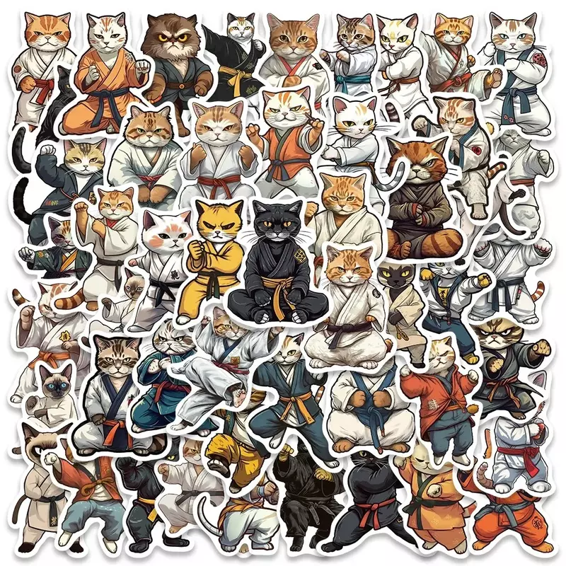 Pegatinas de dibujos animados de gato Kung fu para niños, 50 piezas, Taekwondo, Kitty, Maleta, portátil, teléfono, papelería, decoración, pegatina impermeable, Juguetes