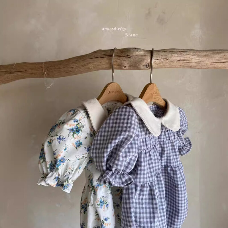 Summer Boy Baby Plaid Lapel Short Sleeves Casual Bodysuit Girls Infant Fashion Floral Print Thin Cotton Onesie Newborn Clothes