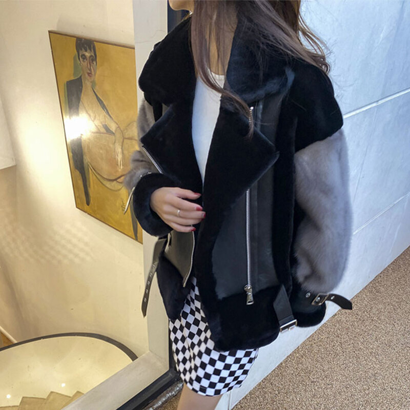 New Sheepskin Coat For Women Winter Merino Fur Real Sheep Fur Jacket With Real Mink Fur Sleeve Motorcyle Female Winter Clothings