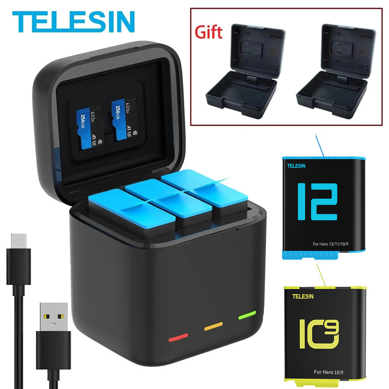 TELESIN многофункциональное 3-стороннее зарядное устройство для аккумулятора, зарядное устройство с батареей для GoPro Hero 12 11 10 9, аксессуары для экшн-камеры