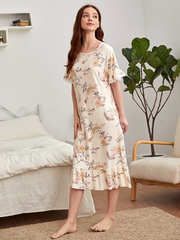 Vrouwelijke Nieuwe All-Over Print Bloem Nachtkleding Zomer Melk Zijde Homewear Dunne Korte Mouw Losse Lange Pyjama Voor Dames Ronde Hals