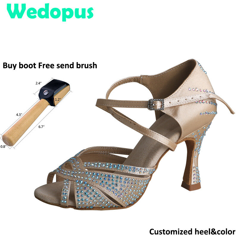 Wedopus personalizado cetim sapatos de dança para mulheres, fundo macio, strass brilhante, salsa e sapatos de dança latina, 9cm