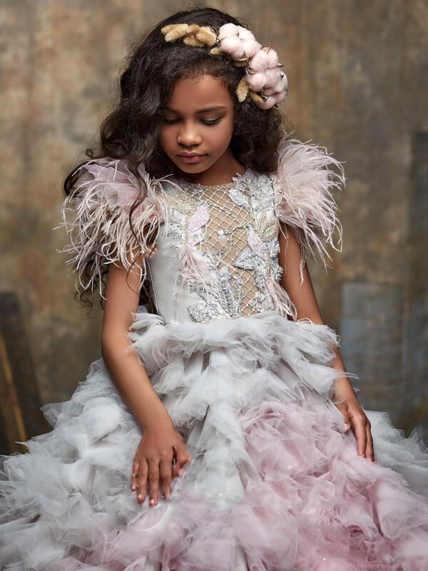 Винтажные платья для девочек 2023 с драгоценным вырезом, детская официальная одежда с 3D цветочной аппликацией, платье с длинным рукавом и перьями для девочек