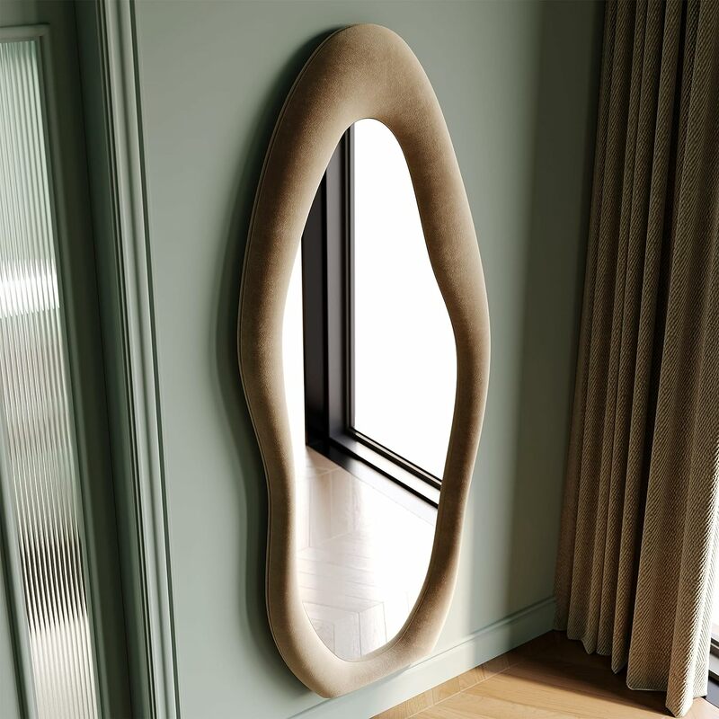 Espejo de piso con marco de madera envuelto en franela de longitud completa, diseño ondulado Irregular, colgante o inclinado, 63 "x 24", espejo grande para dormitorio