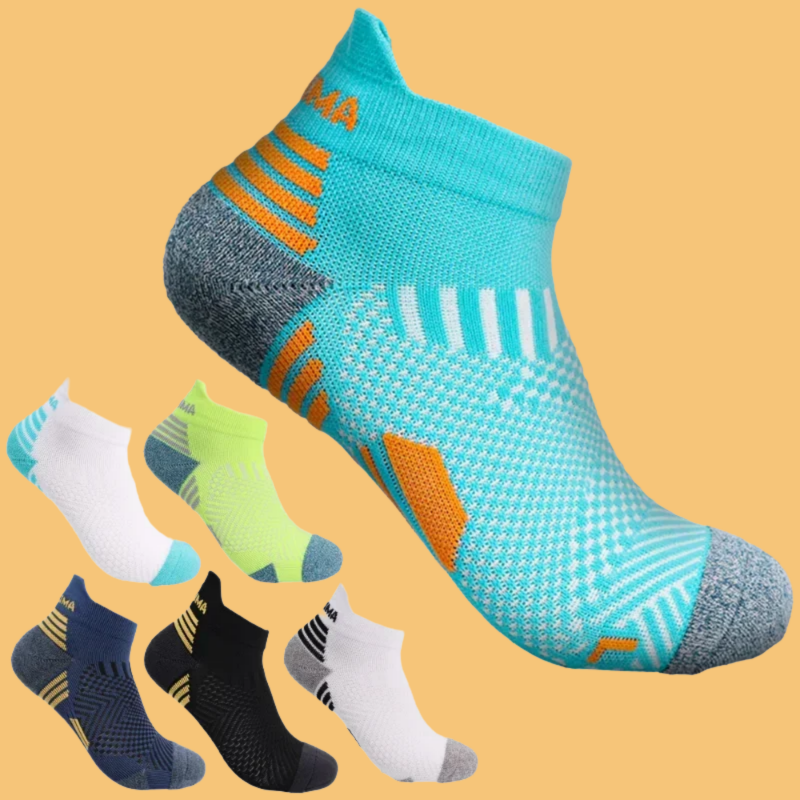 ถุงเท้าถุงเท้ากีฬาผ้าฝ้ายพื้นหนา5คู่ถุงเท้ากีฬามืออาชีพกันลื่นระบายอากาศมาราธอน5คู่
