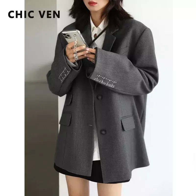 CHICVEN  Women Office Lady Blazer Cuff Embroidery Wide Shoulder Twill Suit Women's Autumn Ladies Outerwear  Stylish Tops