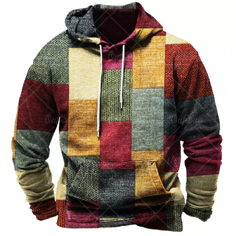 Vintage Herren Hoodie für Sweatshirt 3d Plaid Print Langarm Pullover Straße übergroße Mann Kleidung Kapuze Harajuku Tops
