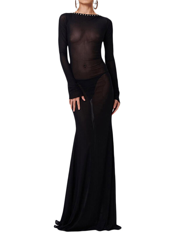 Women Sexy See Through Long Dress Y2k Long Sleeve Sheer Mesh Dress Backless Bodycon Party Cocktail Dress Clubwear