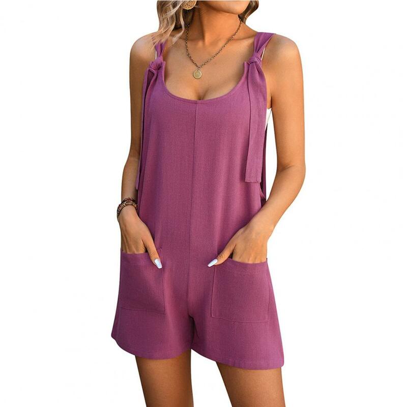 Romper U Neck Adjustable Lace-up Strap Sleeveless Pockets Loose Straight Beach Above Knee Length Short One-piece Romper