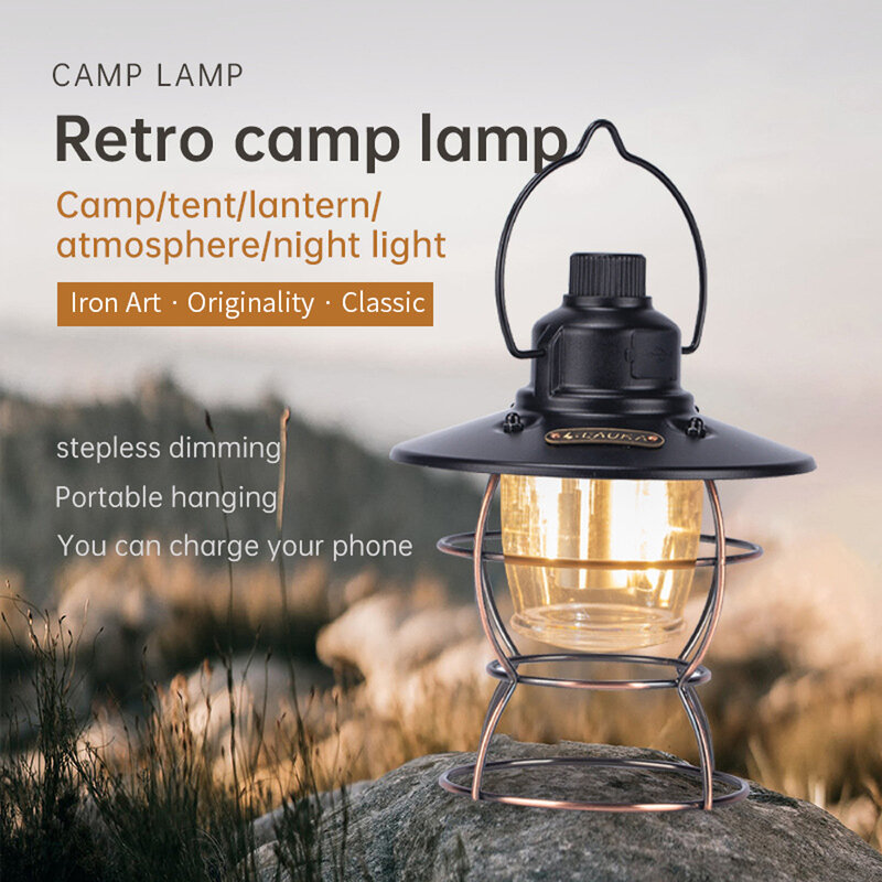 Luces colgantes Retro para acampar, linterna de jardín portátil, tienda atenuable, lámpara de emergencia recargable LED para acampar al aire libre