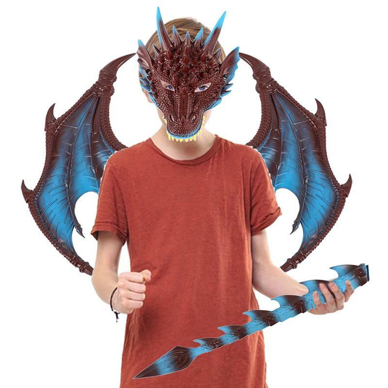 3 Stuks Verstelbare Kids Decor Dragon Masker Wings Kostuum Kit Make-Up Fantasie Cosplay Prop Kinderen Partij Accessoire
