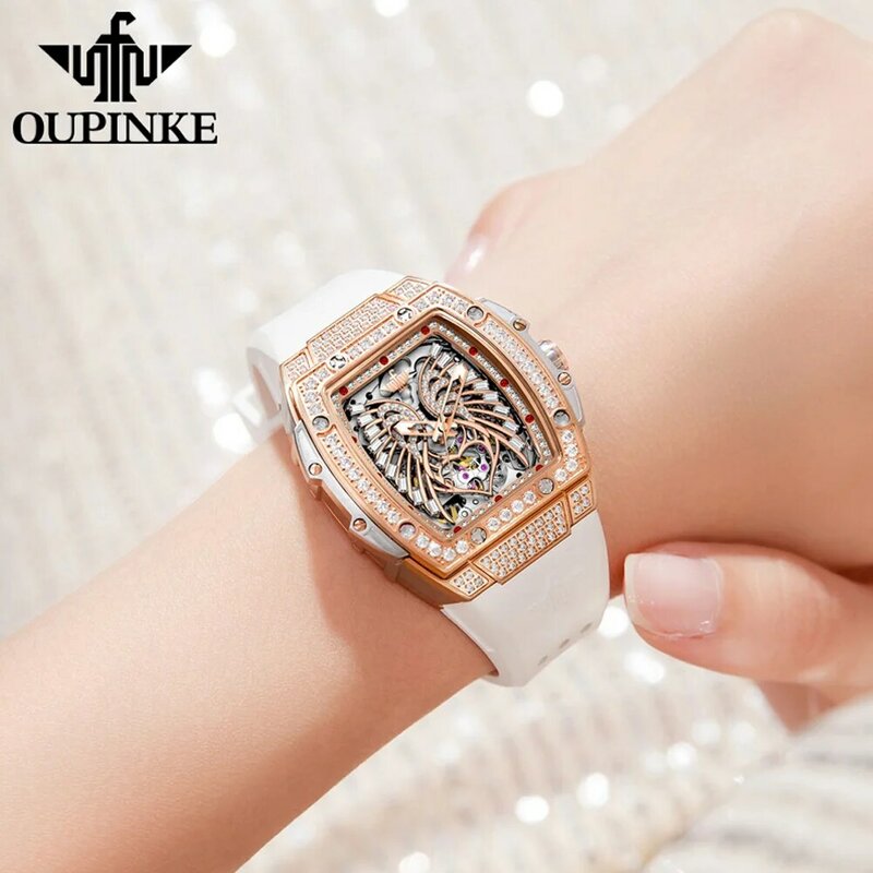 Zegarki damskie OUPINKE luksusowa moda miłosna diamentowa tarcza oryginalny automatyczny zegarek mechaniczny dla pań wodoodporny szafir