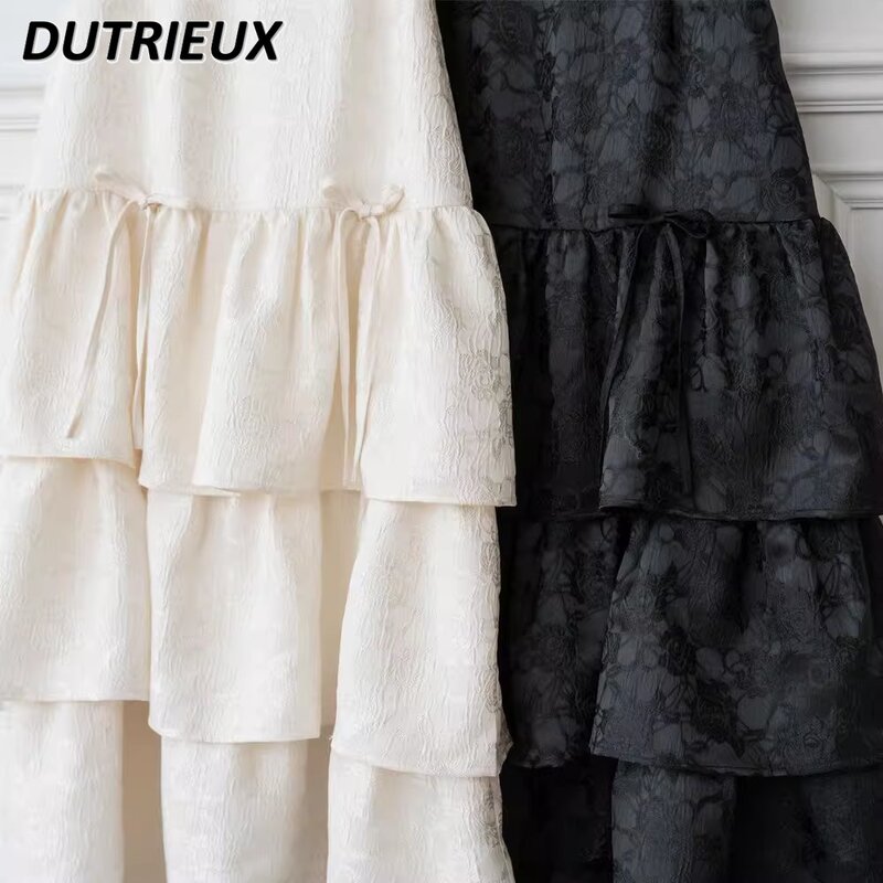 Japanese Commuter Lady Dark Embossed Elegant Fabric Ruffled Long Tiered Skirt Spring and Summer New High Waist Maxi Skirts
