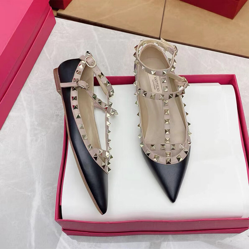 Zapatos planos con remaches de marca de lujo para mujer, zapatos de diseñador, Punta puntiaguda, correa en el tobillo, informales, cómodos, zapatos de tacón plano con caja