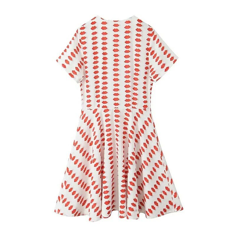 KEYANKETIAN Dress cetakan bibir wanita, gaun Mini lengan pendek ramping perca kancing tunggal leher O gaya Retro 2024