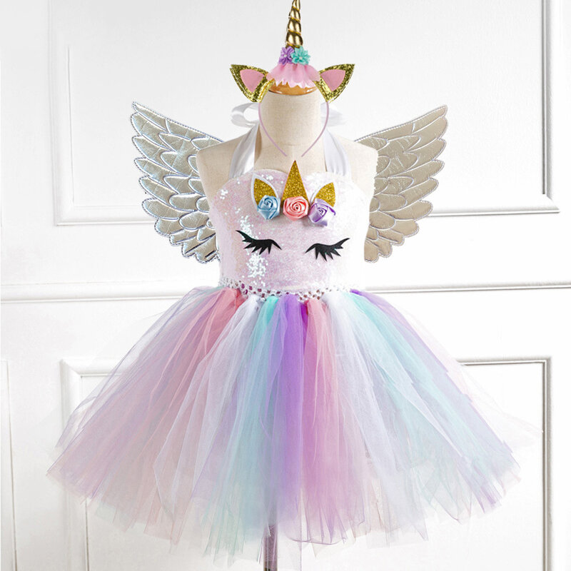 Hand Knitted Dress Girl Rainbow Tutu Dresses Christmas Birthday Prom Tulle Gown Unicorn Cosplay Costume with Wing 2 to 12Years